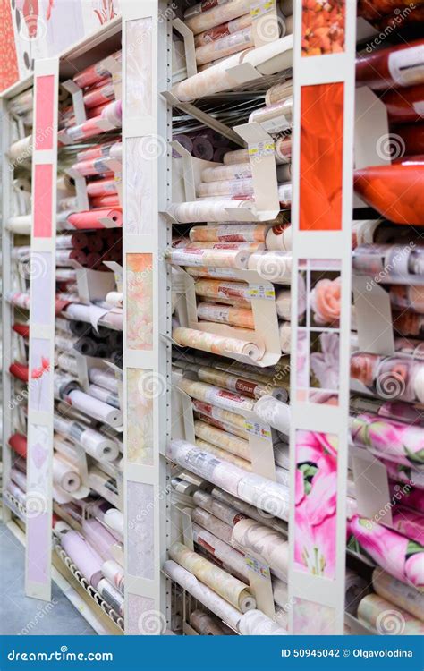 MOSCOW, RUSSIA - FEBRUARY 15, 201: Roll of Wallpaper in Leroy Merlin Store. Leroy Merlin is a ...