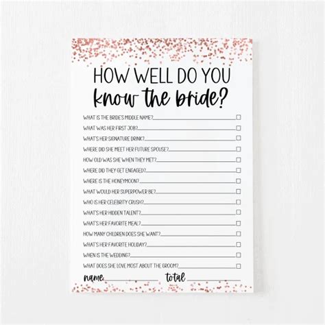 How Well Do You Know The Bride Cards Rose Gold Modern MOH