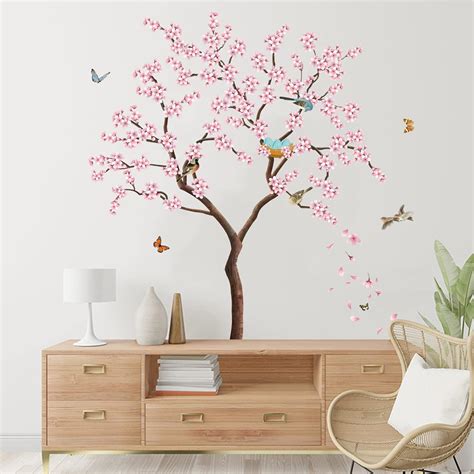 Anfigure Pink Blossom Tree Wall Stickers Birds On Branch Wall Decals