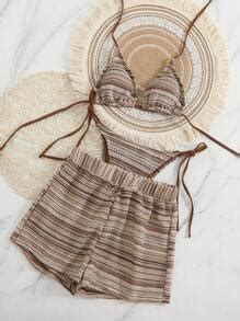 Swim Mod Women 3pcs Set Bohemian Style Crochet Swimwear Bikini Set Cover Up Shorts Outfits