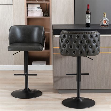 Swivel Bar Stools Set of 2,PU Upholstered Bar Stools with Button Tufted ...