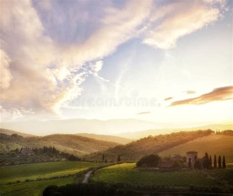 Tuscany Rural Sunset Landscape Countryside Farm White Road And