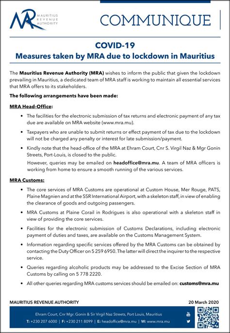 CommuniqueCovid19 - Measures taken by MRA due to lockdown in Mauritius ...