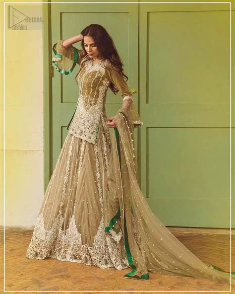 Nikah Dress Olive Green Short Shirt Fawn Lehenga