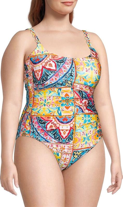 La Blanca Plus Soleil Print Ruched One Piece Swimsuit Shopstyle