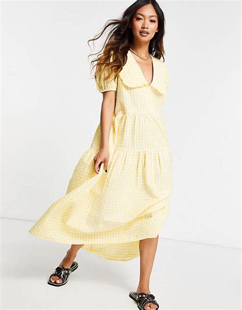 Neon Rose Midi Smock Dress With Oversized Collar And Tiered Skirt In