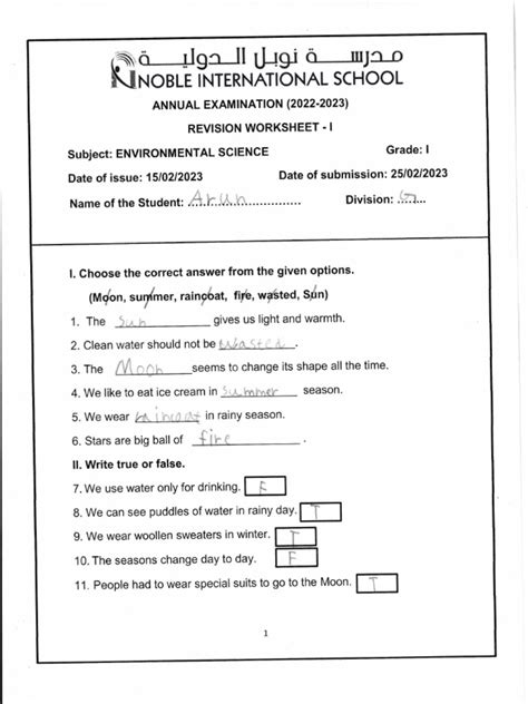 Arun EVS-Worksheet Grade-1-G | PDF 