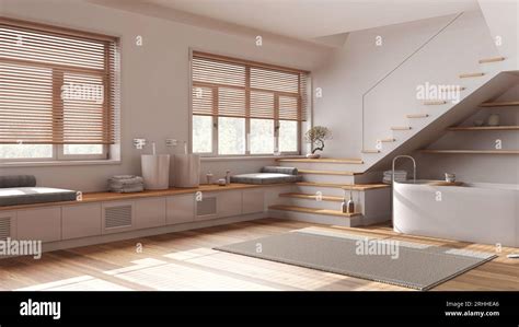 Minimal Wooden Bathroom In White And Beige Tones Bathtub And Washbasin