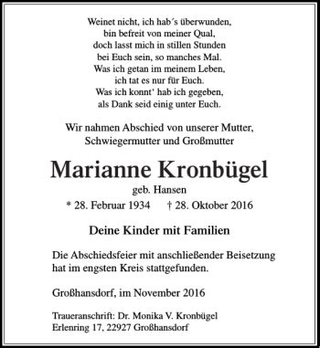 Traueranzeigen Von Marianne Kronb Gel Sh Z Trauer