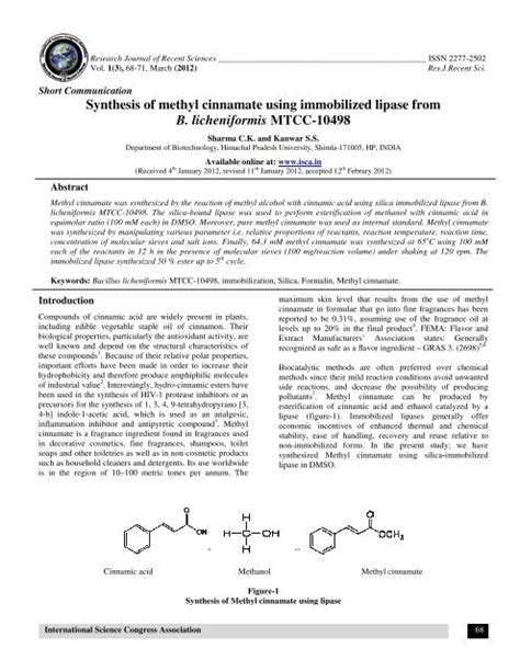 Synthesis of methyl cinnamate using immobilized lipase from ... - ISCA