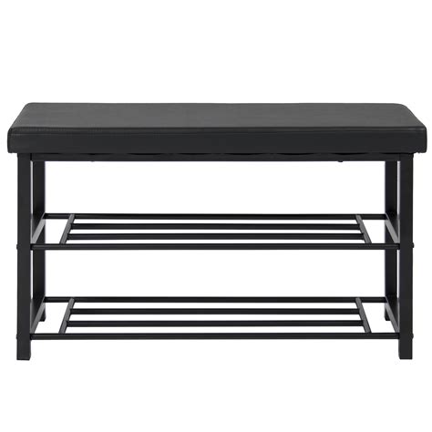 Bcp 2 Tier Metal Shoe Rack Bench W Leather Top Black Ebay