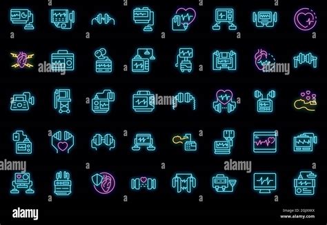 Defibrillator Icons Set Outline Set Of Defibrillator Vector Icons Neon Color On Black Stock