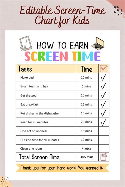 Screen Time Chart Checklist Editable Printable Screen Time Chore Chart