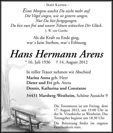 Traueranzeigen Von Hans Hermann Arens Trauer In NRW De