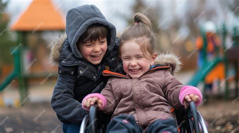 Children with disabilities playing together inclusive playground ...