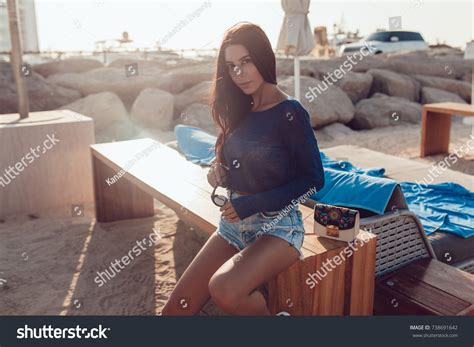 Sexy Brunette Sitting Near Sun Beds Stock Photo 738691642 Shutterstock