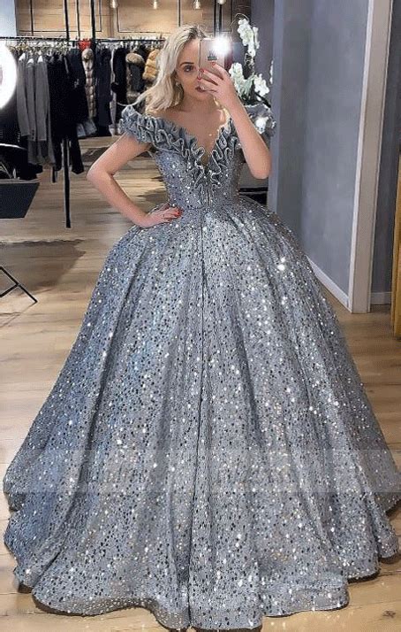 Ball Gown Off The Shoulder Sweep Train Silver Sequin Prom Dress