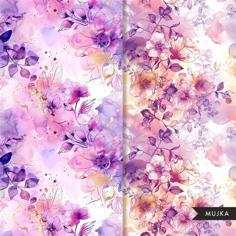 Floral Digital Papers Gold Purple Pink Flower Background Watercolor