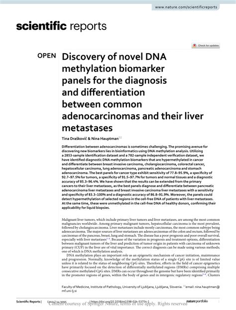 Pdf Discovery Of Novel Dna Methylation Biomarker Panels For The