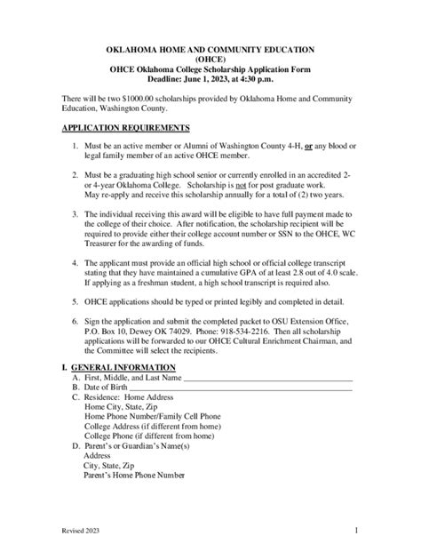 Fillable Online Ohce Oklahoma College Scholarship Application Form