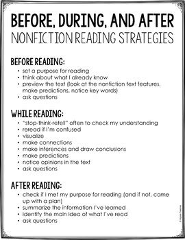 Before During After Nonfiction Reading Strategies Worksheets TPT