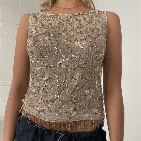 Gold Sequin And Beaded Tank Nude Mesh High Neck Depop