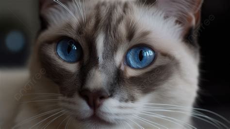 Siamese Cat Stares Straight Into The Camera With Blue Eyes Background