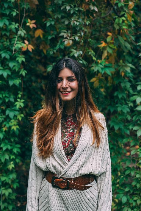 Portrait Of Beautiful Smiling Brunette Woman Outdoors By Stocksy Contributor Aleksandra