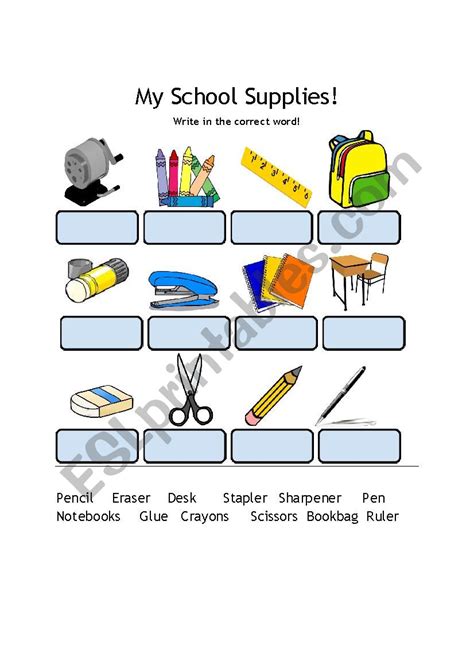 School Supplies Word Match Esl Worksheet By Kirstenrinker