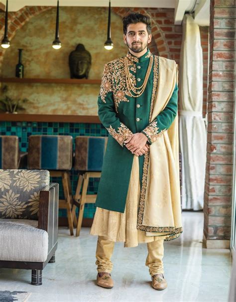 Three Piece Sherwani In Matka Silk With Zardosi Tikki Handwork In