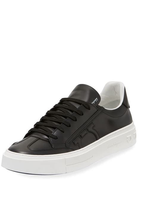 Salvatore Ferragamo Men S Borg Leather Low Top Sneakers Black