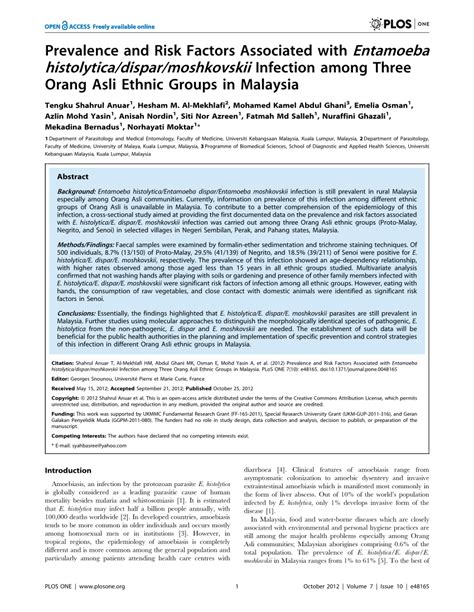 Pdf Prevalence And Risk Factors Associated With Entamoeba Histolyticadisparmoshkovskii