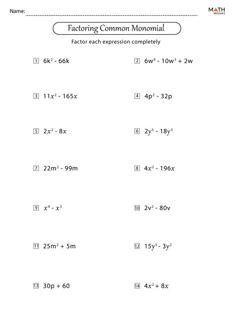 Common Monomial Factoring Worksheet - CommonWorksheets.com