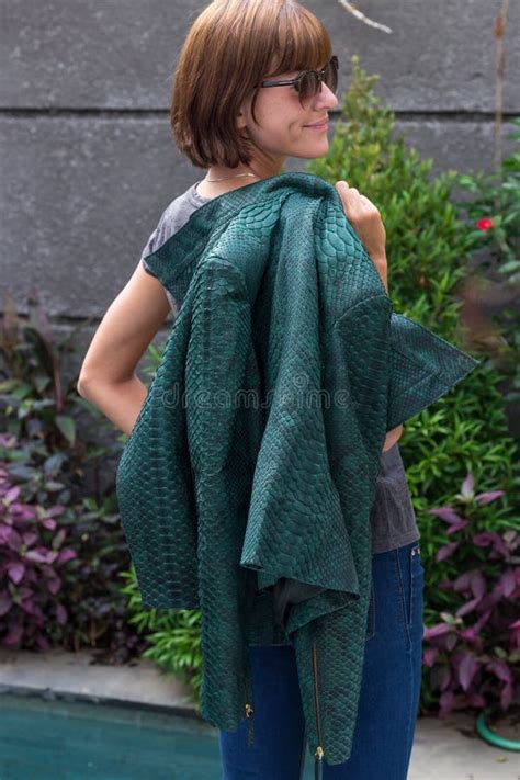Portrait Of Beautiful Woman Brunette Hair Wear Fashion Luxury Snakeskin Python Coat Bali Island