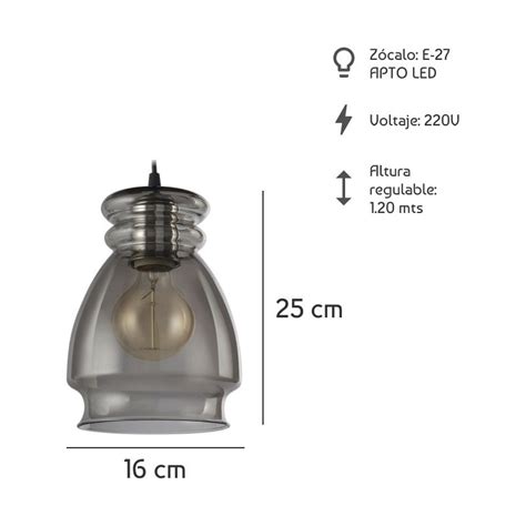 LUZ DESING Colgante 1 Luz Vidrio Fume Antique Moderno Apto Led E 27