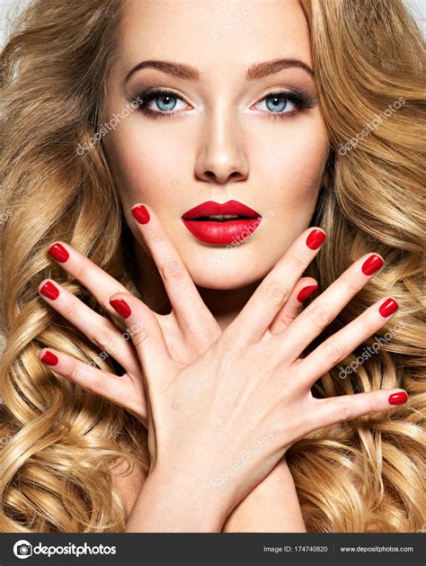 Portrait Blonde Woman Long Hair Red Nails Fashion Model Bright Stock