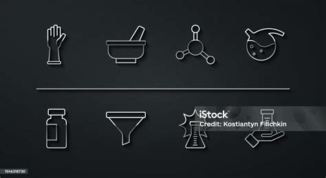 세트 라인 의료용 고무 장갑 시험관 및 플라스크 화학 폭발 깔때기 또는 필터 모르타르 유봉 및 분자 아이콘 벡터 건강 검진에