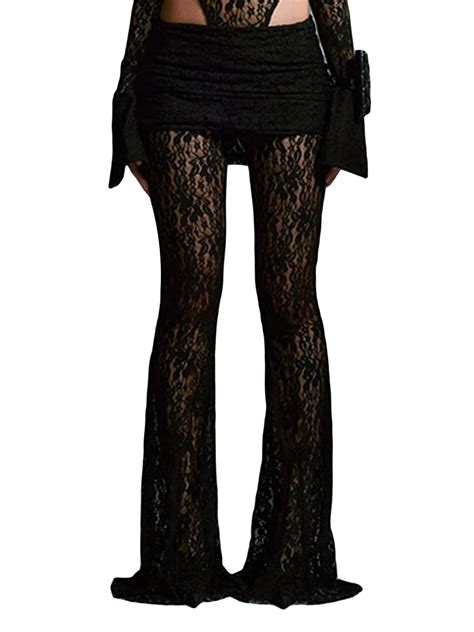 Women Summer Fashion Club Goth Flare Pants Hollow Out Lace High Waist