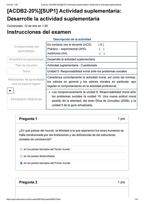 Examen ACDB 2 20 SUP 1 Actividad Suplementaria Desarrolle La