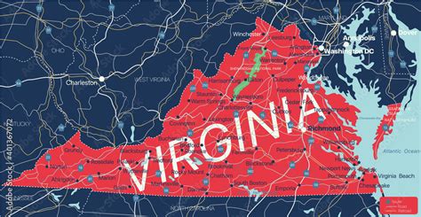 Virginia state detailed editable map with cities and towns, geographic ...