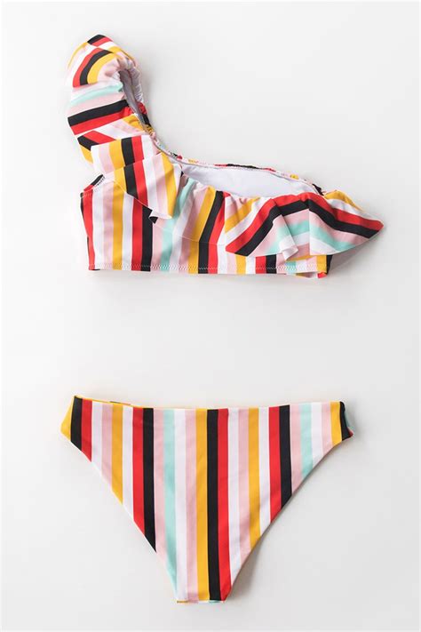 Playa Stripe Ruffled One Shoulder Reversible Bikini