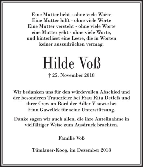 Traueranzeigen von Hilde Voß sh z Trauer