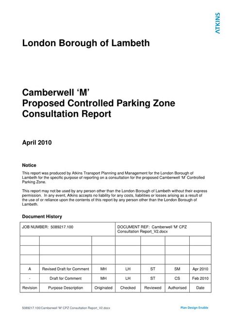 London Borough Of Lambeth Camberwell ‘m Proposed Controlled Parking