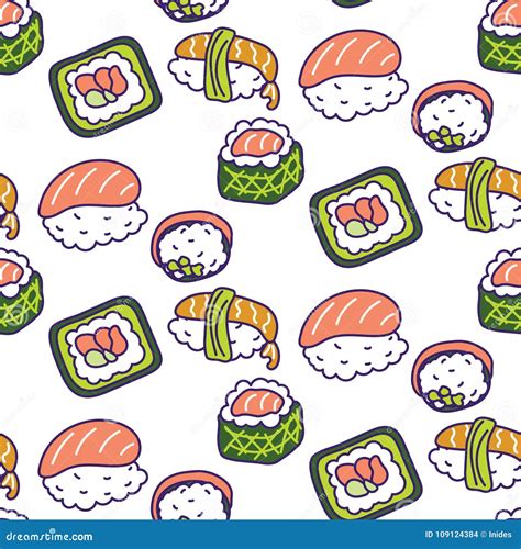 Sushi Rolls Set Vector Seamless Pattern Stock Vector Illustration Of