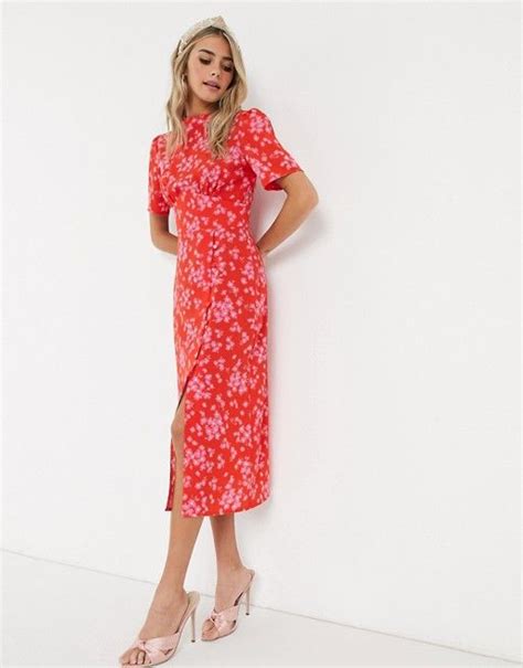 Asos Design Midi Tea Dress With Buttons In Red And Pink Floral Print