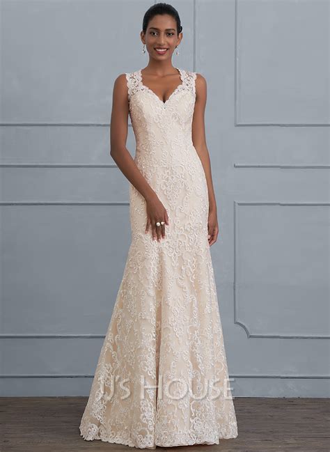 Trumpet Mermaid V Neck Floor Length Lace Wedding Dress 002124284 JJ