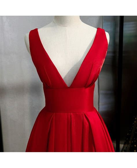 Pleated Vneck Formal Red Prom Dress With Vback MYX79060 GemGrace