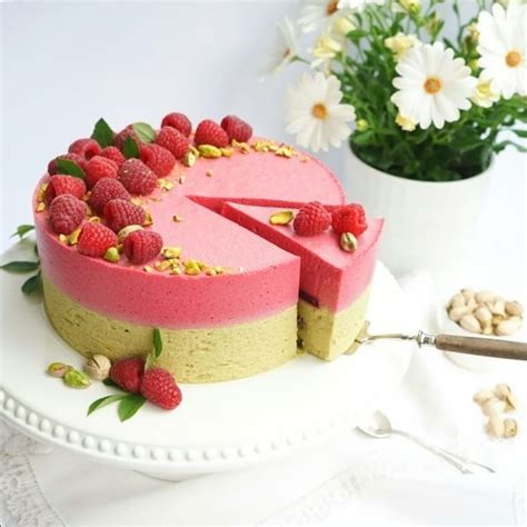 Raspberry And Pistachio Mousse Cake With Tender Matcha Tea Dacquoise