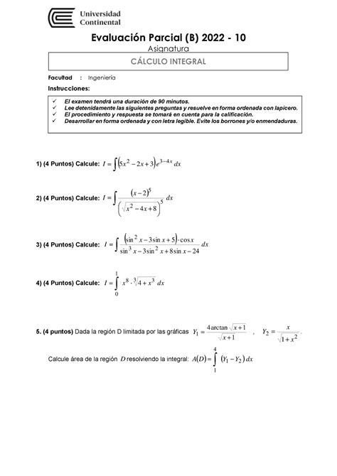 Examen Parcial Cálculo Integral 2022 10 B Evaluación Parcial B 2022