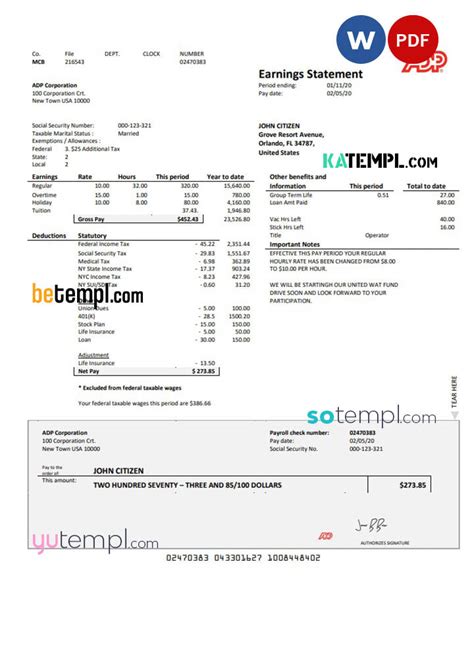 USA ADP Earnings statement template in Word and PDF format – katempl